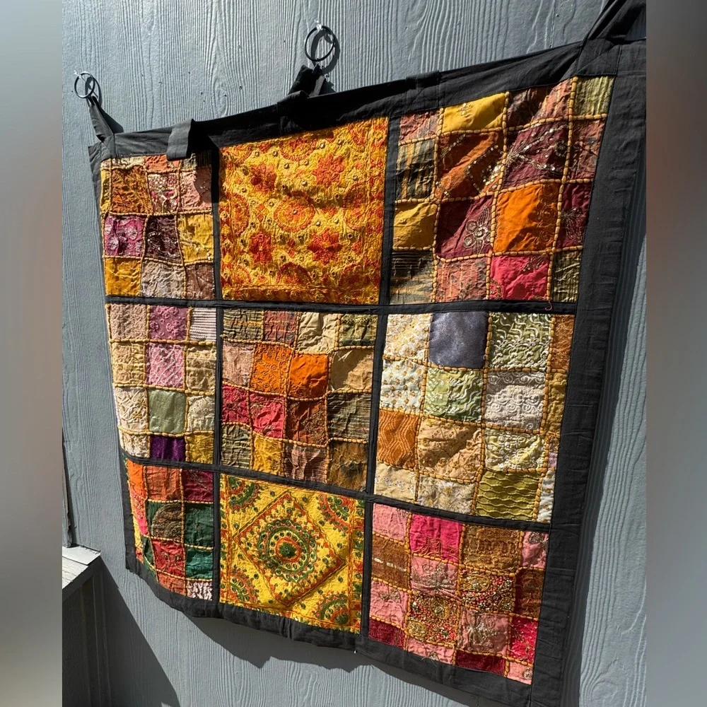 Vintage Early 2000s Pier 1 Square Indian Patchwork Tapestry